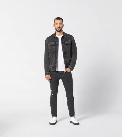 Mens Black Denim Style Leather Jacket with Button Up Placket