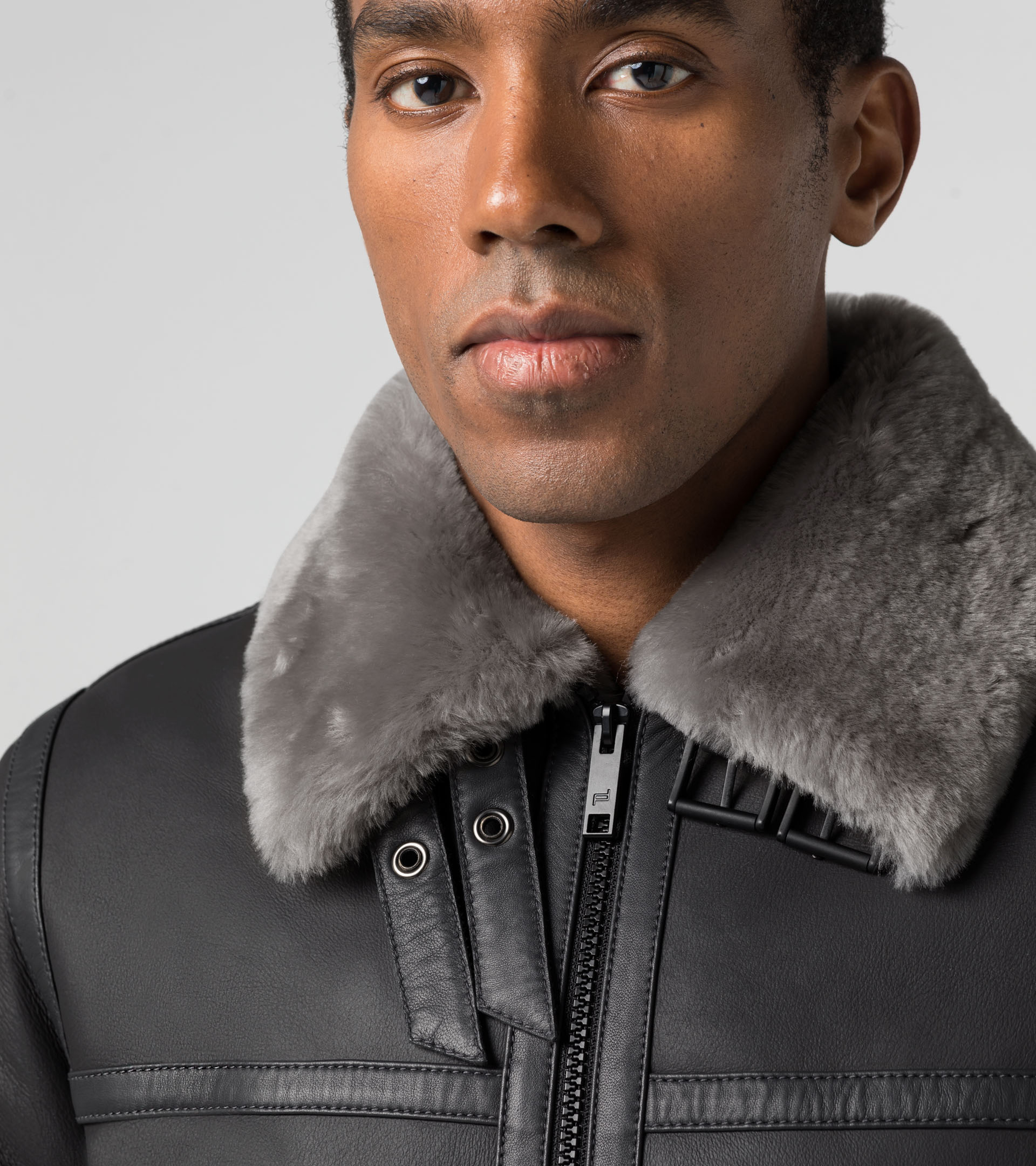 Grey biker on sale jacket with fur